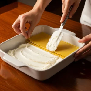 Hands placing lasagna noodles and spreading ricotta cheese in a baking dish.