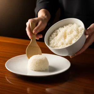 A hand plating a mound of fluffy white sushi rice onto a plate.