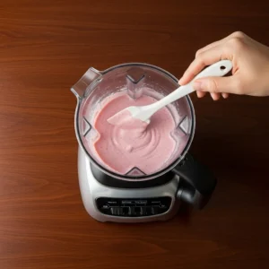 Scraping down the sides of a blender jar with a spatula.