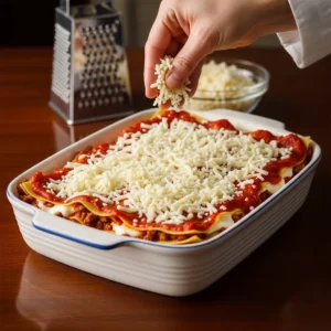 A hand sprinkling a thick layer of shredded mozzarella cheese on the assembled lasagna.