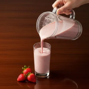 Pouring a finished pink smoothie from a blender into a glass.
