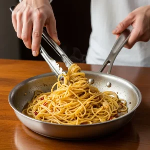 Tossing cooked spaghetti in aglio e olio sauce.