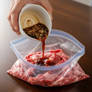 A hand pouring the soy sauce and pear marinade into a bag with the sliced beef.