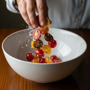 A hand tossing halved cherry tomatoes with flaky sea salt in a ceramic bowl.