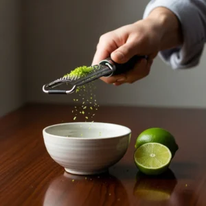 A hand charring an ear of corn in a skillet on a dark wood table.