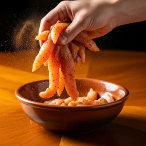 A hand coating chicken strips with taco seasoning in a ceramic bowl.