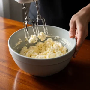 Human hands using a mixer to whip softened butter until pale and fluffy for frosting.