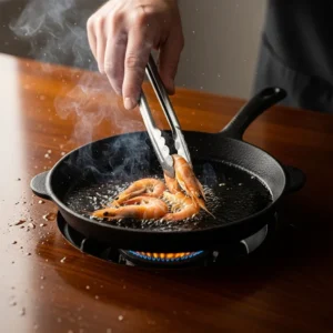A hand placing shrimp in a sizzling skillet with a gentle flame visible.