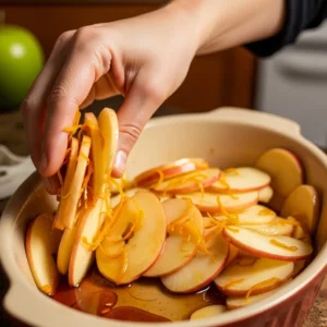 A hand tossing sliced apples with maple syrup and orange zest in a baker.
