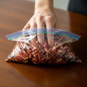 A hand massaging a sealed bag of beef bulgogi to ensure the marinade coats every piece.