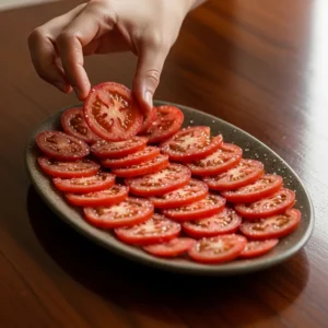 A hand arranging a layer of salted tomatoes on a serving platter.
