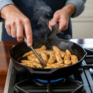 A hand stirring seasoned chicken cooking in a sizzling skillet.