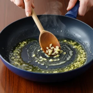 A hand stirring minced garlic into melted butter and oil in a skillet.