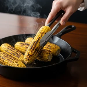 A hand turning corn with tongs in a skillet for even charring.