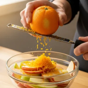 Zesting a fresh orange over a bowl of sliced apples for the filling.