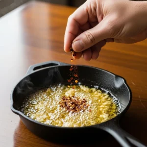 A hand sprinkling smoked paprika and red pepper flakes into a skillet.