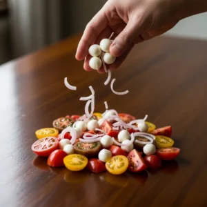 A hand scattering mozzarella pearls and sliced shallot over the tomatoes.