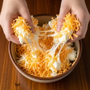 Close-up of hands mixing three cheeses together in a bowl.
