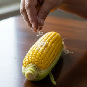 A hand sprinkling sea salt on a freshly cooked ear of corn.