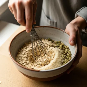 Whisking rolled oats, almond flour, and cardamom in a ceramic bowl.