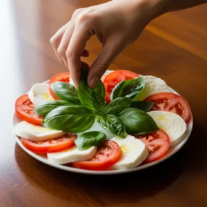 A hand tucking fresh green basil leaves among the tomatoes and mozzarella.