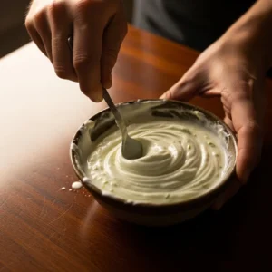 A hand mixing yogurt, lime, and hot sauce in a bowl for Elotes.