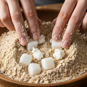 Pressing chilled coconut oil into the oat mixture with fingertips.