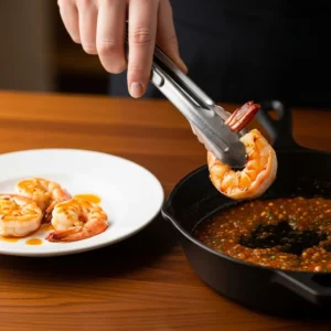 A hand returning seared shrimp from a plate back into the skillet.