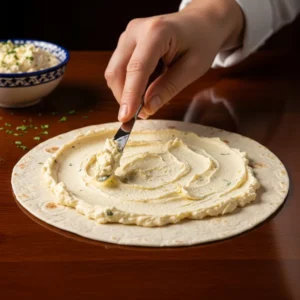A hand spreading the cheese mixture onto a flour tortilla.
