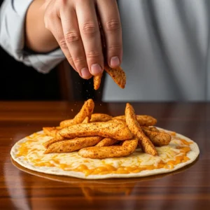 A hand adding cooked chicken on top of the cheese on a tortilla.