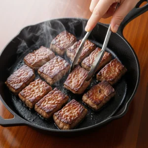 Close-up of beef bulgogi sizzling in a skillet with a browned, caramelized crust, as a hand turns a piece over.