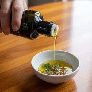 A hand pouring the olive oil and lemon juice dressing into a bowl.