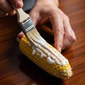 A hand brushing creamy yogurt sauce onto a charred corn cob.