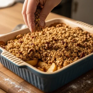 Sprinkling the oat and pecan crumble topping over the apple filling.