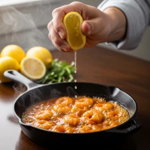 A hand squeezing a fresh lemon over shrimp in a skillet, juice streaming out.