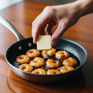 A hand adding a final pat of chilled butter to the glossy sauce.