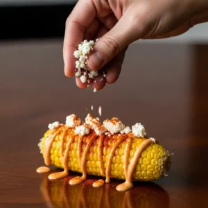 A hand sprinkling feta and paprika on sauced corn for Elotes.