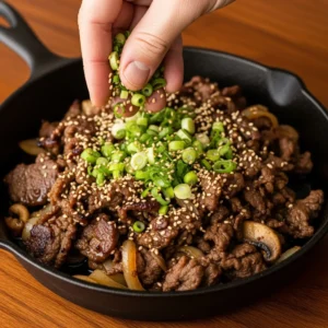 A hand sprinkling green onions and sesame seeds over the cooked Beef Bulgogi in a skillet.