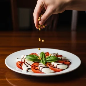 A hand sprinkling toasted pine nuts over the finished Caprese salad.