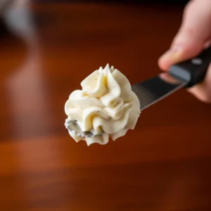 Close-up of finished vanilla buttercream frosting showing stiff peaks on a spatula.