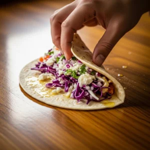 A hand folding a loaded tortilla in half to form a quesadilla.