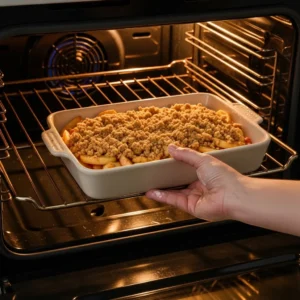 Placing the assembled apple crisp into a preheated oven.