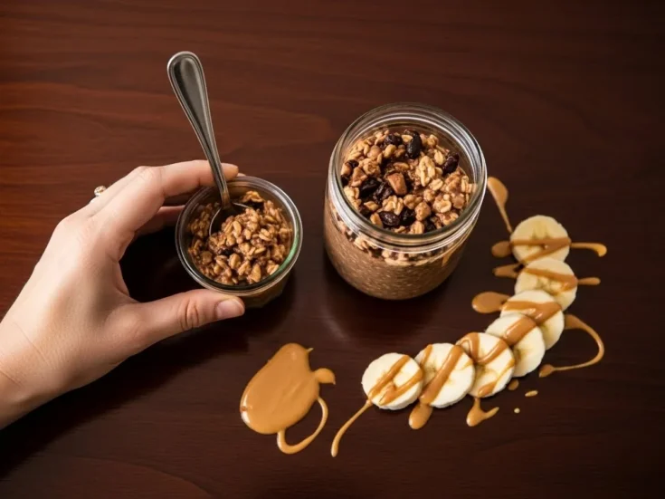 A final jar of chocolate peanut butter overnight oats with banana, ready to eat.