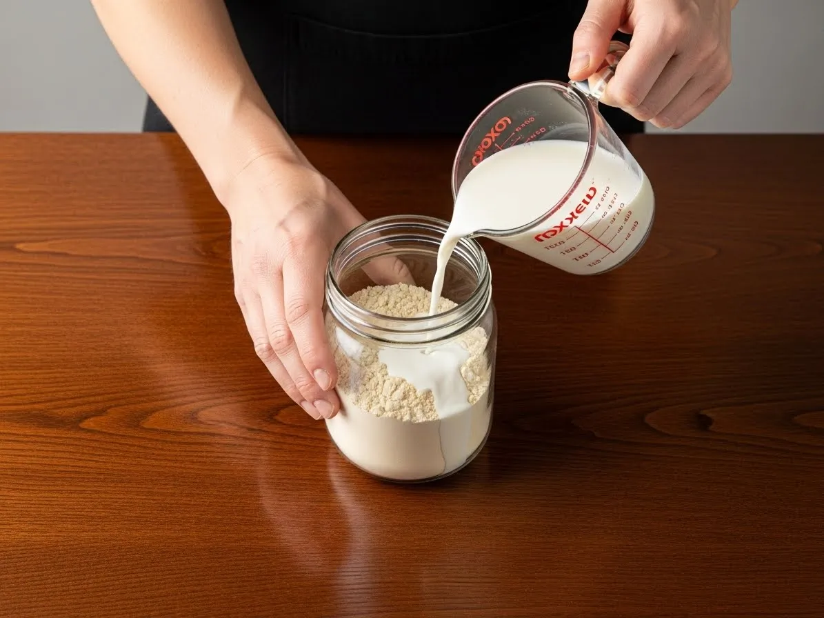 Combining rolled oats, chia seeds, and milk in a jar.