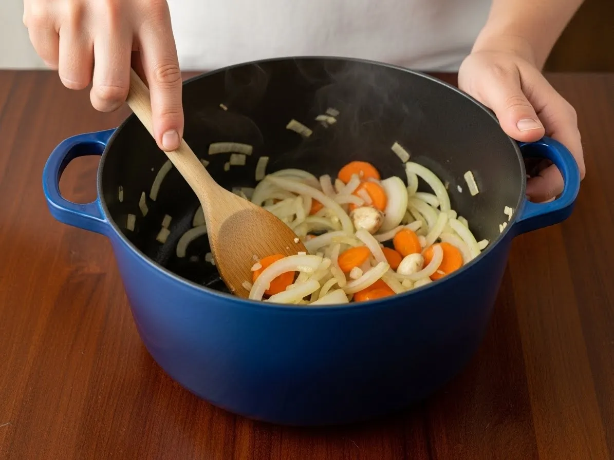 A hand stirring softened onion, carrot, and garlic with a wooden spoon in a Dutch oven.