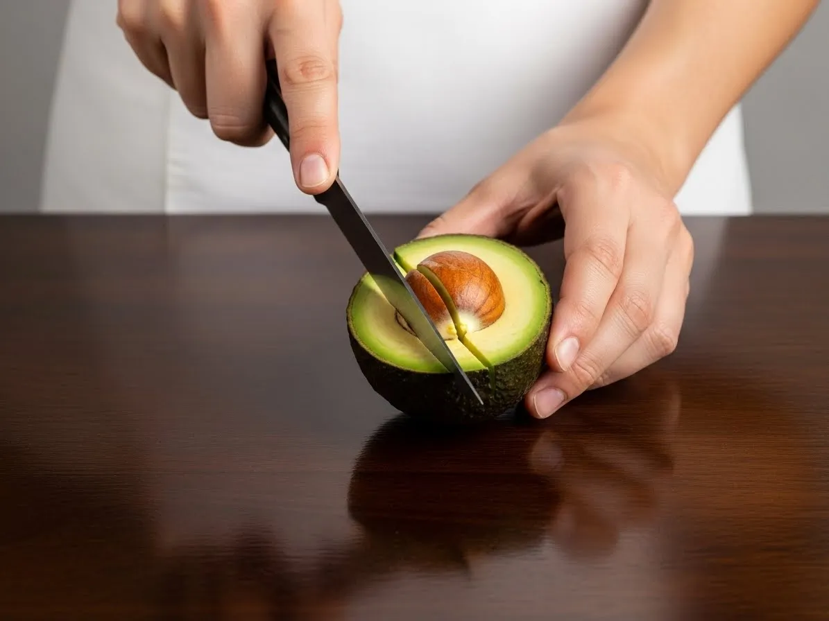 A hand slicing a ripe avocado in half with a knife on a dark wood table.