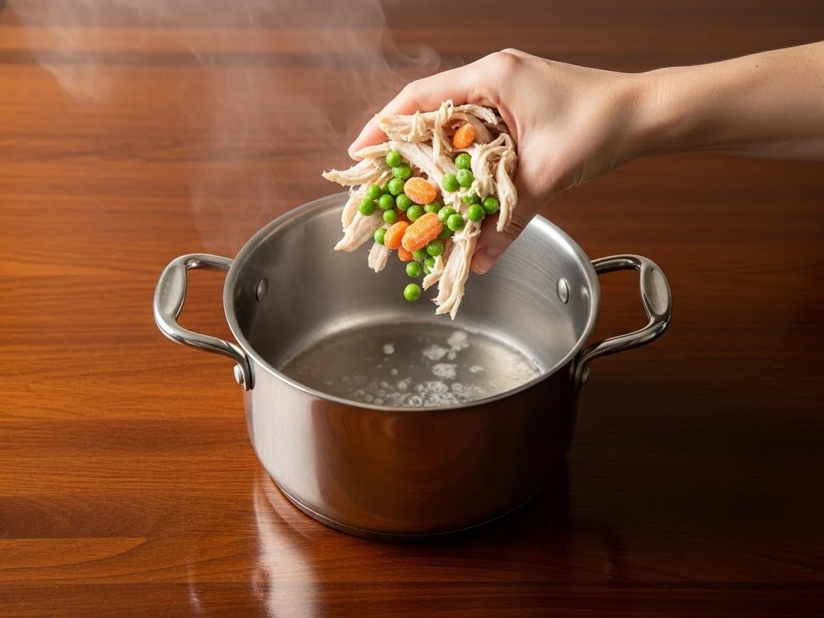 Shredded chicken, vegetables, and pasta added to the simmering soup pot.
