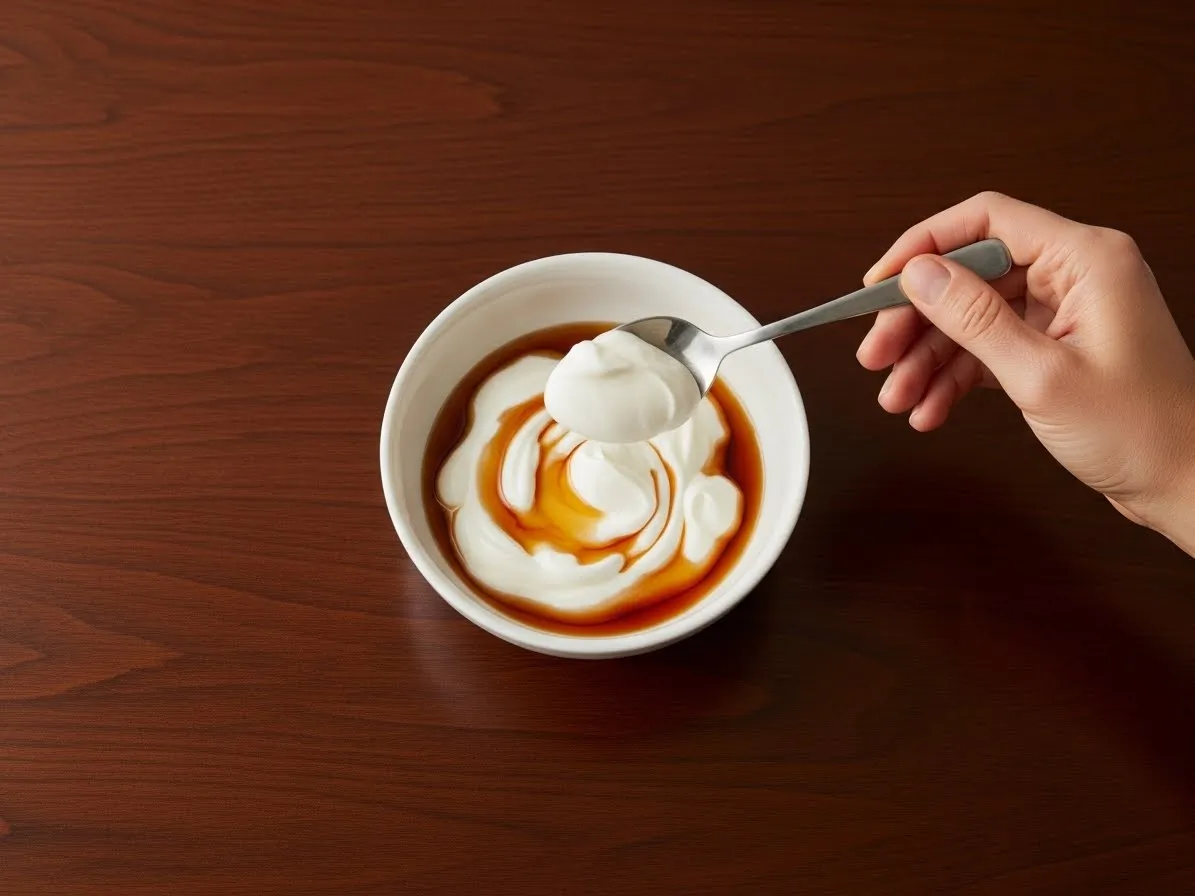 Stirring together Greek yogurt, maple syrup, and vanilla extract.