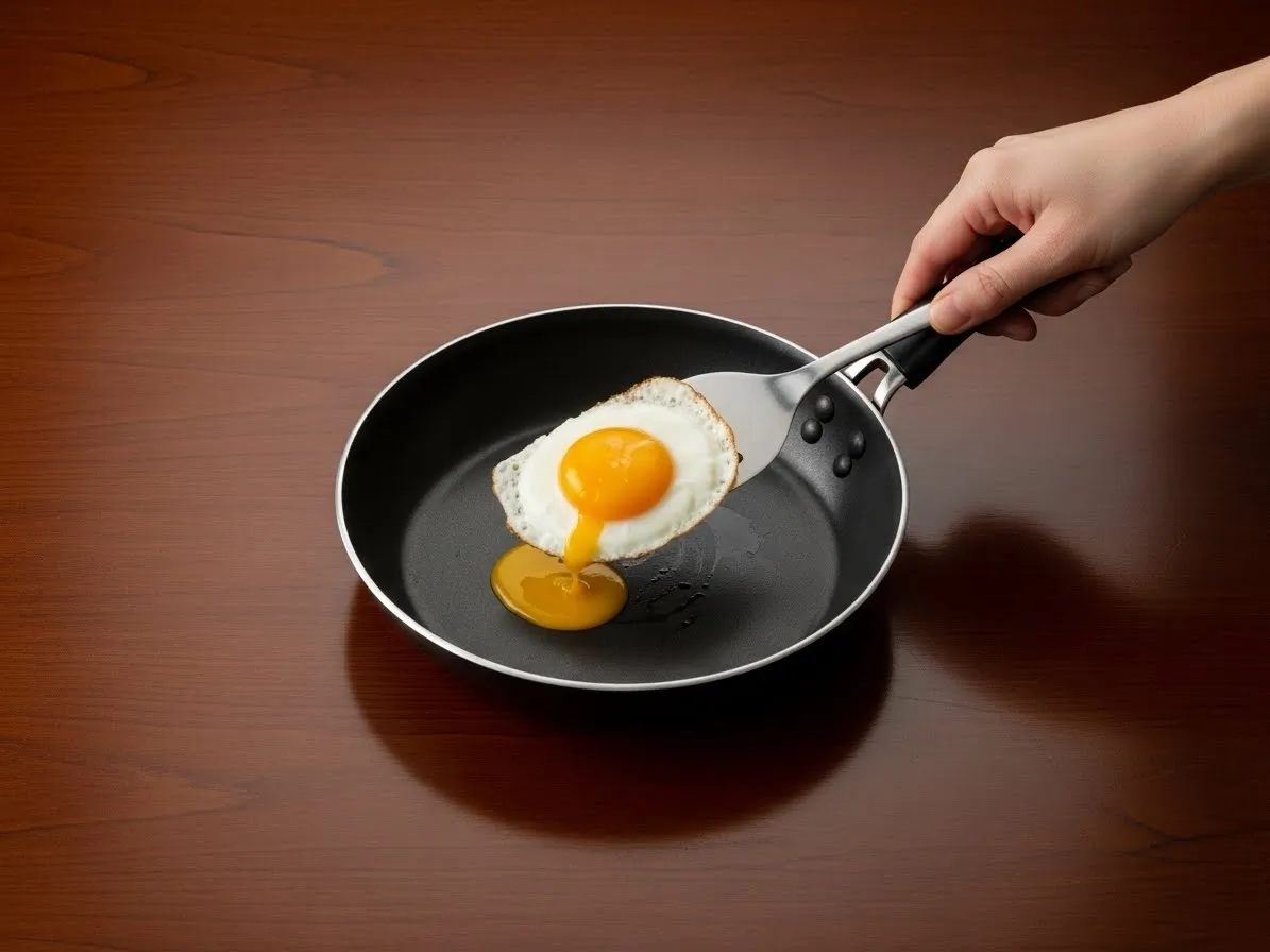 A hand lifting a sunny-side-up egg from a pan with a spatula.