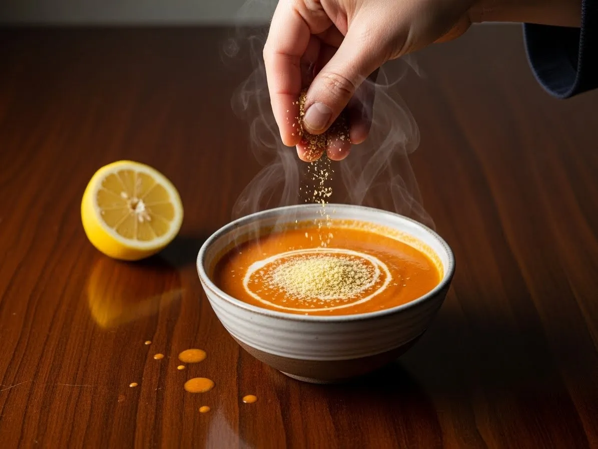 Adding lemon juice, nutritional yeast, and turmeric to the finished soup.